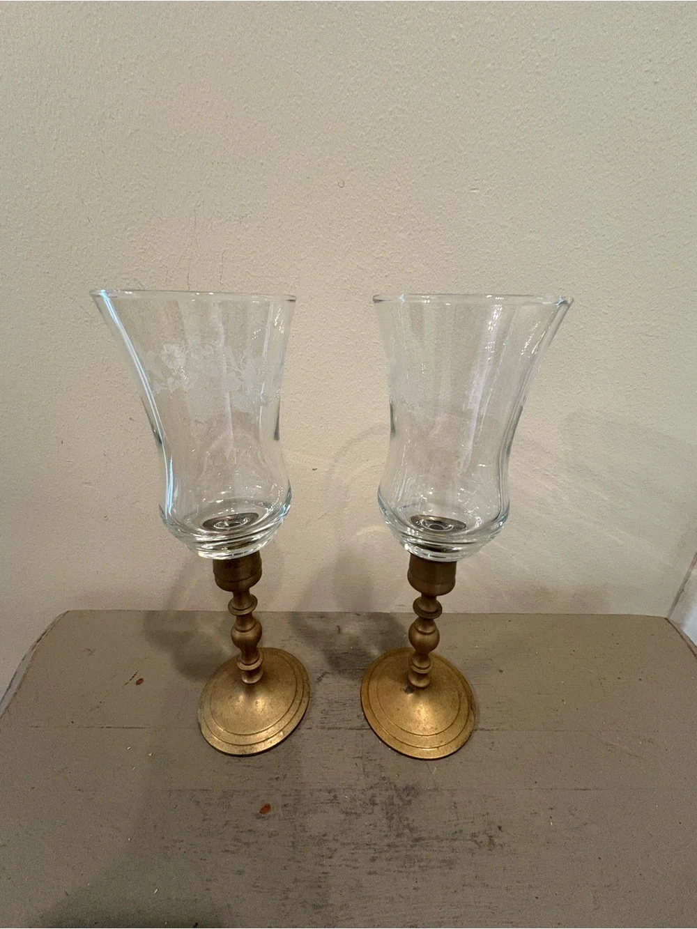 Two VTG Brass Taper Candlesticks With Clear Glass Hurricane Shades